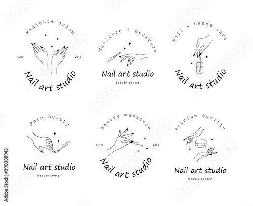 Nail art studio logo set. Modern design for beauty center, spa salon, manicure and pedicure bar. Linear vector illustration.