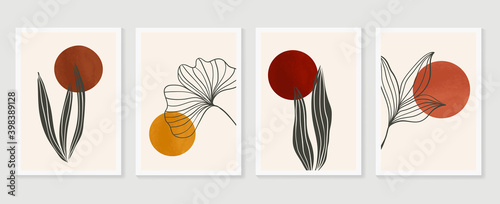 Botanical wall art vector set. Earth tone boho foliage line art drawing with abstract shape. Ginkgo Plant Art design for print, cover, wallpaper, Minimal and natural wall art.