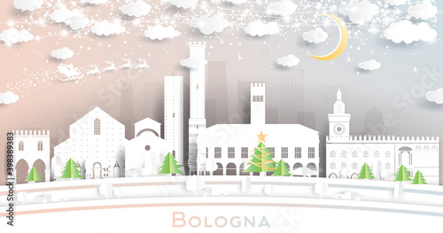 Bologna Italy City Skyline in Paper Cut Style with Snowflakes, Moon and Neon Garland.