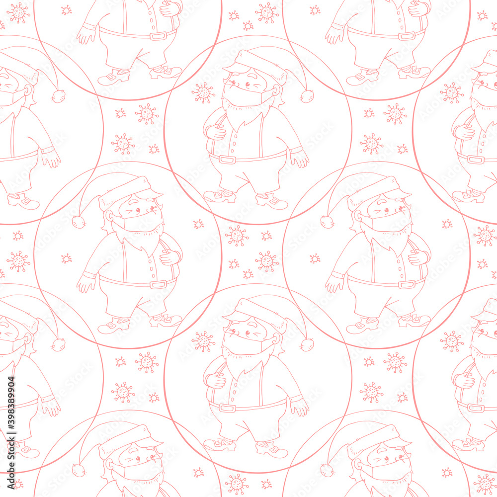 Vector seamless pattern with Santa Claus in face mask and protective ball. Measures to protect against coronavirus on holiday. Merry Christmas and happy New year 2021 in quarantine, pandemic