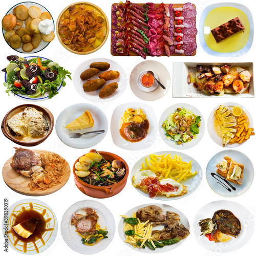 Isolated on white background collage of restaurant and homemade dishes popular in Spain