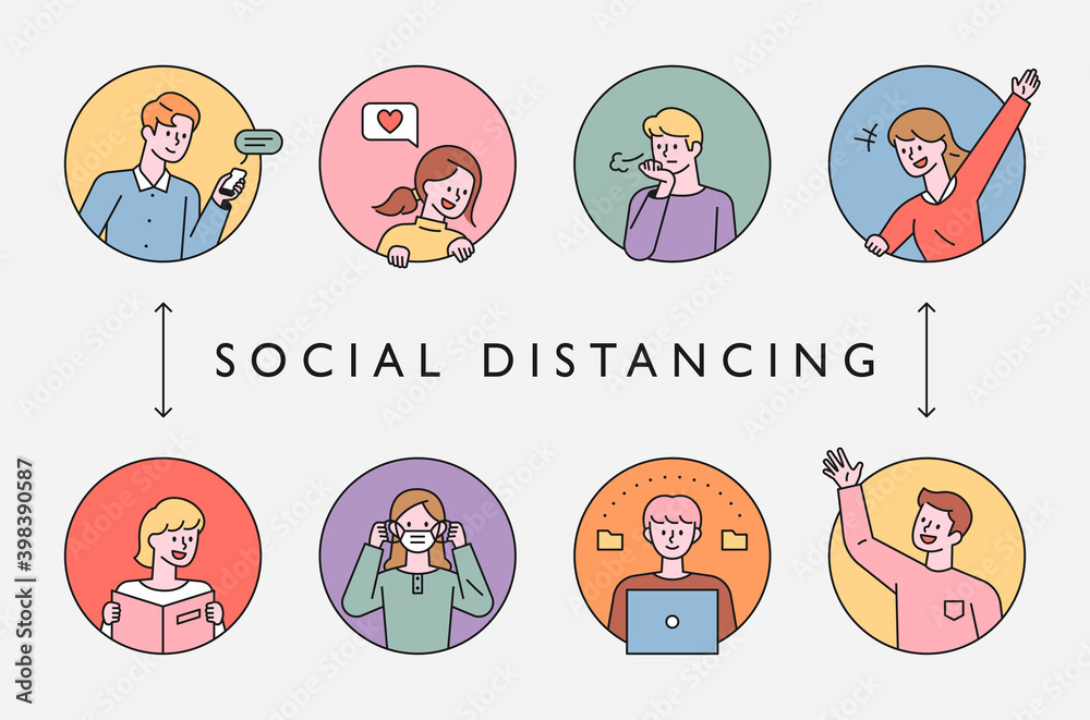 Social distancing in the pandemic era. Icons of people doing various actions in a circular frame. flat design style minimal vector illustration. Social distancing in the pandemic era. Icons of people doing various actions in a circular frame. flat design style minimal vector illustration.