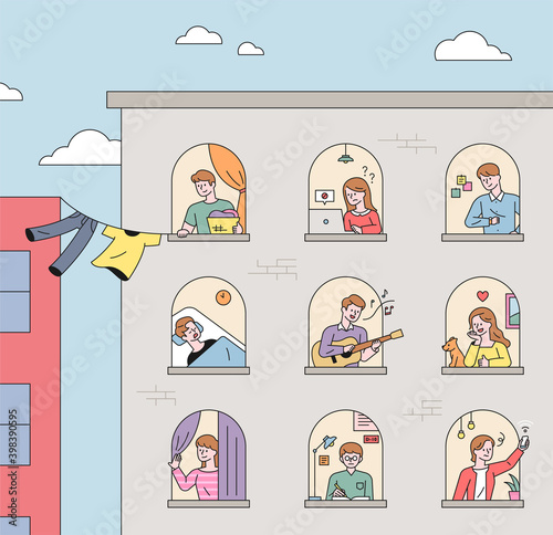 Neighbors seen through the windows of the apartment wall.  flat design style minimal vector illustration.