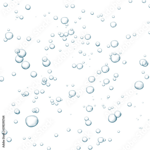 Blue fizzy bubbles. Sparkles underwater stream in water, sea, aquarium. Fizzy pop and effervescent drink. Abstract fresh soda bubbles. Vector illustration.