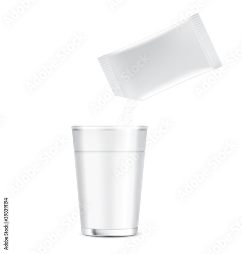 3D Glossy Stick sachet mockup and Pour Powder to Cup of water isolated on white background. Vector illustration. Food and beverage Packaging concept design.