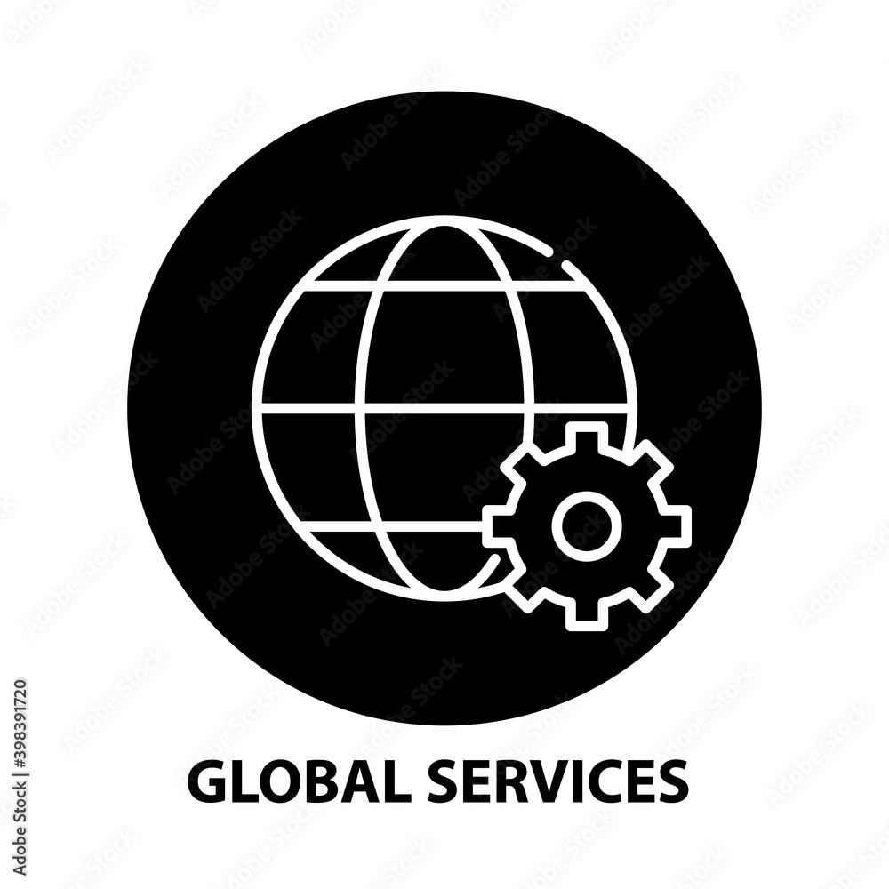 global services icon, black vector sign with editable strokes, concept illustration global services icon, black vector sign with editable strokes, concept illustration