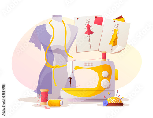 Sewing machine, mannequin, sketches, pincushion, threads. Fashion design, dressmaking, sewing workshop or courses, tailoring concept. Vector illustration for banner, advertising.
