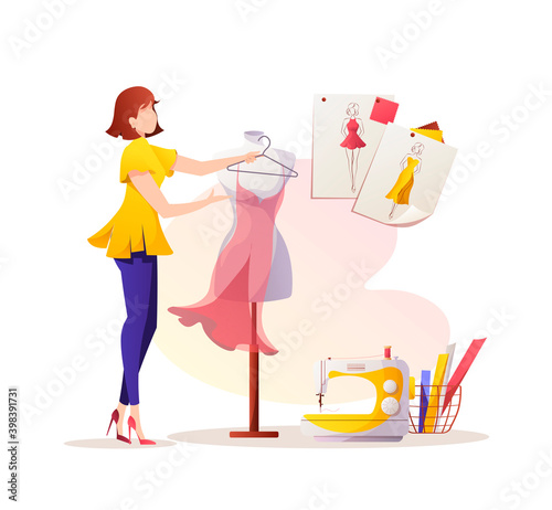 Woman with dress and mannequin. Sewing machine and sketches. Fashion designer, dressmaker, seamstress, sewing workshop or courses, tailoring concept. Vector illustration for banner, advertising.
