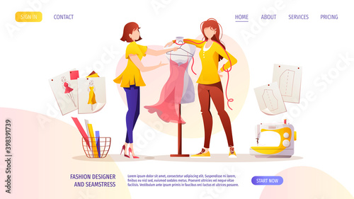Women with mannequins. Sewing machine, patterns and sketches. Fashion designer, dressmaker, seamstress, sewing workshop or courses, tailoring concept. Vector illustration for banner, advertising.