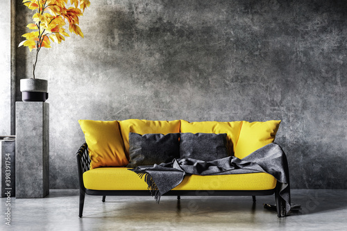 Home interior in colors of the year 2021, yellow sofa near concrete wall in loft interior, 3d render