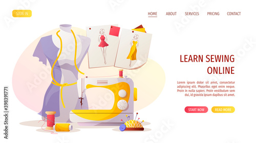 Sewing machine, mannequin, sketches, pincushion, threads. Fashion design, dressmaking, sewing workshop or courses, tailoring concept. Vector illustration for banner, advertising, website.