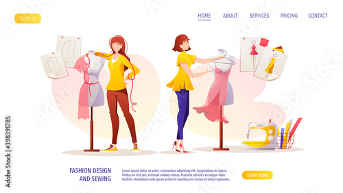 Women with mannequins. Sewing machine, patterns and sketches. Fashion designer, dressmaker, seamstress, sewing workshop or courses, tailoring concept. Vector illustration for banner, advertising.