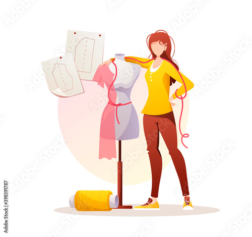 Woman with mannequin. Patterns and threads. Fashion designer, dressmaker, seamstress, sewing workshop or courses, tailoring concept. Vector illustration for banner, advertising, poster.