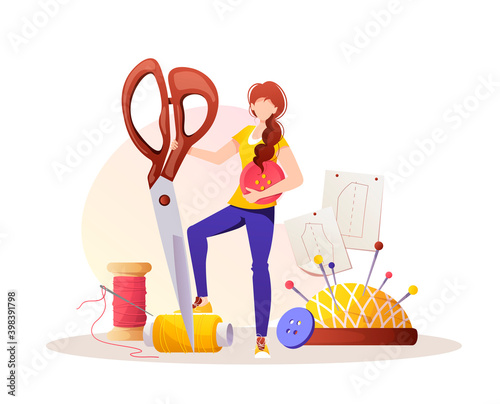 Woman with scissors. Patterns, pincushion, threads, buttons. Seamstress, sewing workshop or courses, needlework, handicraft concept. Vector illustration for banner, advertising, poster.
