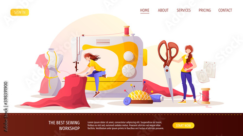 Women with sewing machine and scissors. Mannequin, pincushion, threads. Seamstress, sewing workshop or courses, tailoring, needlework, handicraft concept. Vector illustration for banner, website.