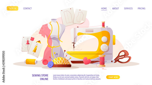 Sewing machine, mannequin.  Patterns and sketches, pincushion, threads. Fashion design, dressmaking, sewing workshop or courses, tailoring concept. Vector illustration for banner, advertising.