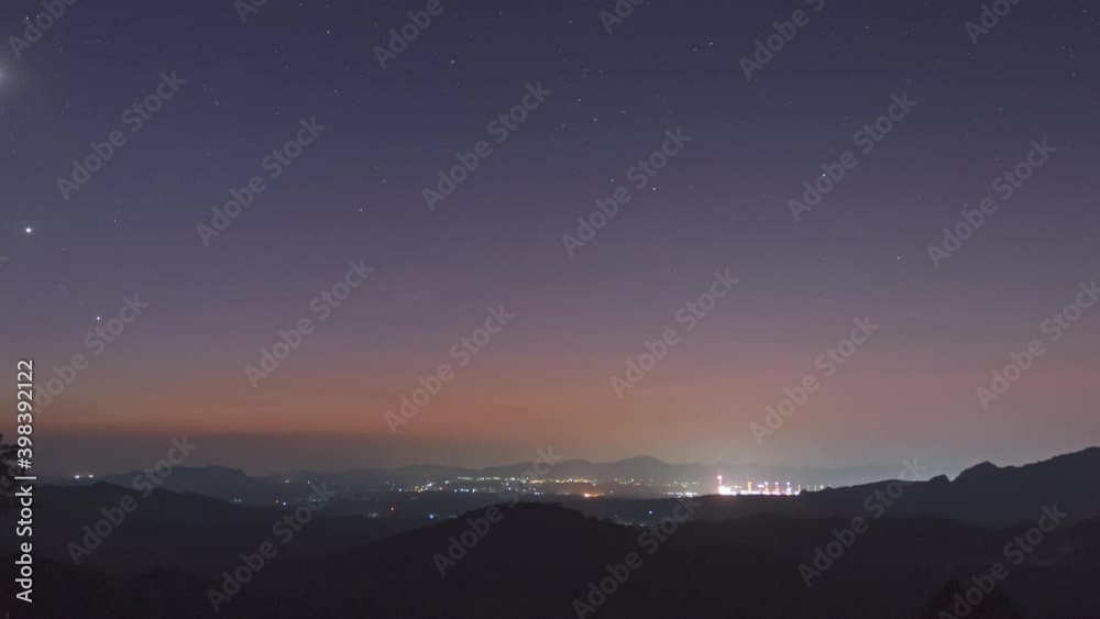 Time lapse in 4k video. The phenomenon of star arrangement (Saturn, Moon, Venus, Jupiter) in the misty night sky on a hill, long exposure, Mae Moh, Lampang, Thailand. Time lapse in 4k video. The phenomenon of star arrangement (Saturn, Moon, Venus, Jupiter) in the misty night sky on a hill, long exposure, Mae Moh, Lampang, Thailand.