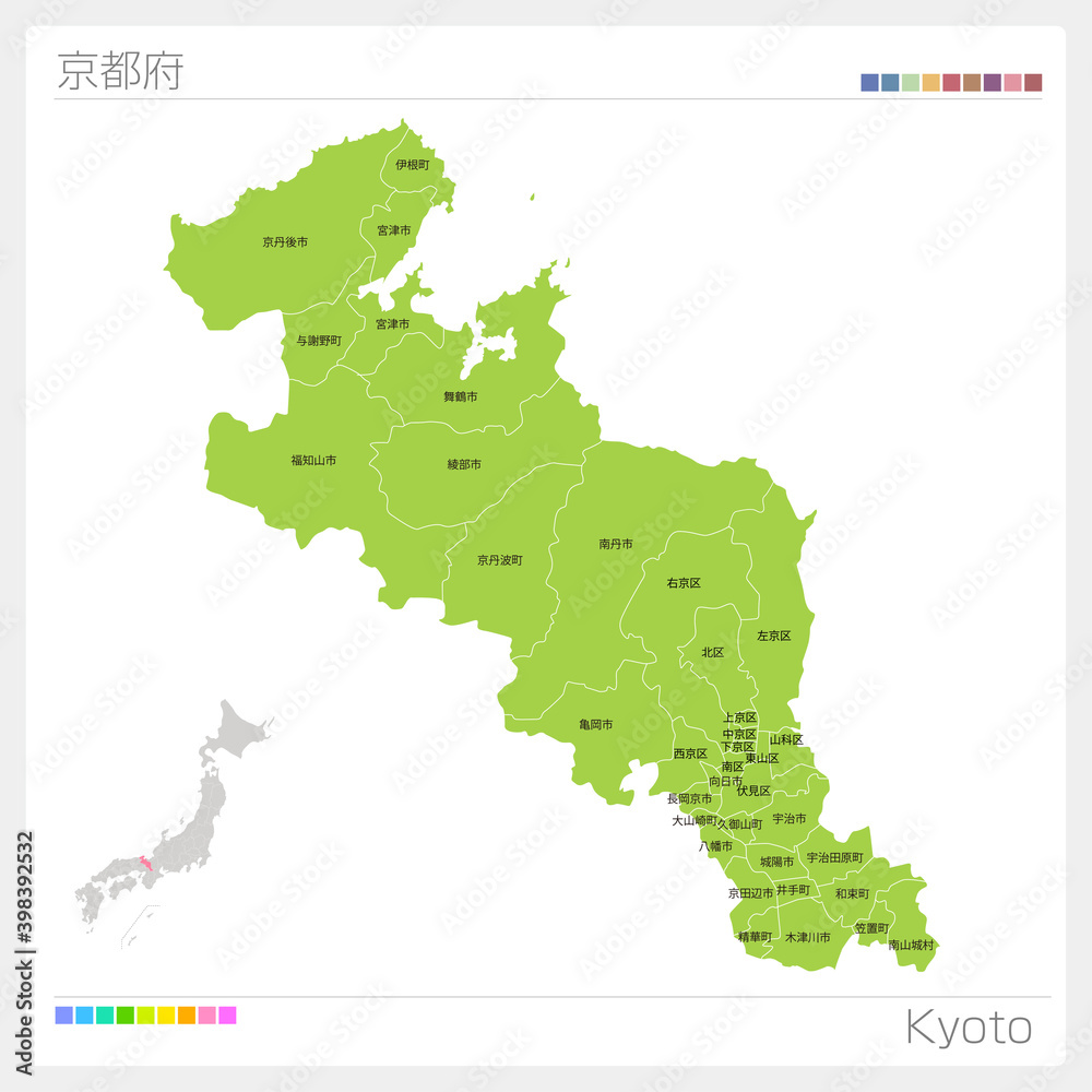 京都府の地図・Kyoto・市町村名（市町村・区分け）