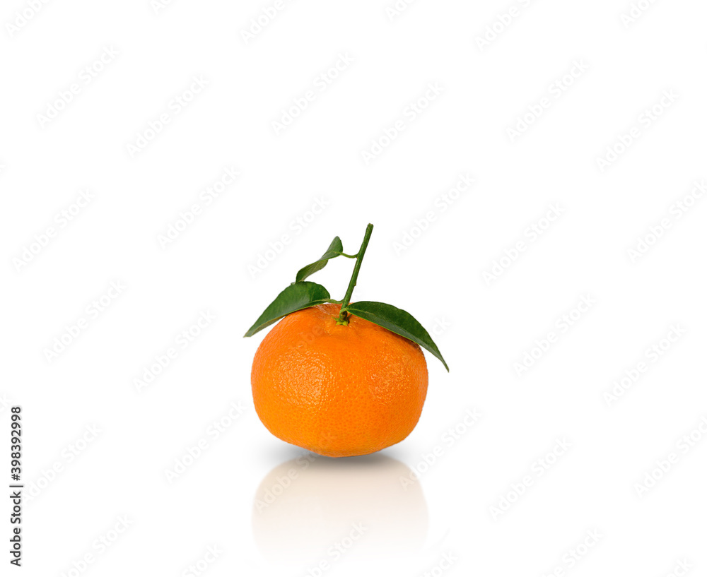 Tangerine or clementine with green leaf isolated with reflection on white background Tangerine or clementine with green leaf isolated with reflection on white background