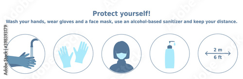 Vector illustration 'Protect yourself! Wash your hands, wear gloves and a face mask, use an alcohol-based sanitizer and keep your distance'. 5 icons set for health posters and banners.