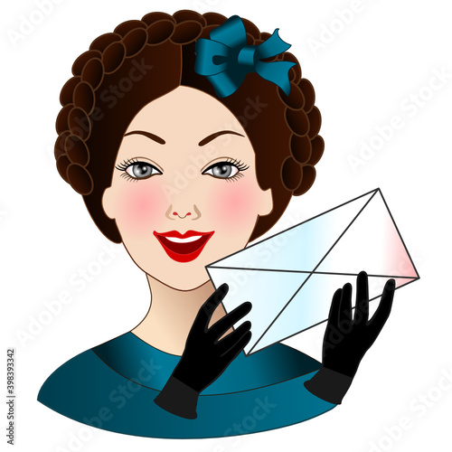 happy emoticon holding an envelope, woman showing incoming mail or message, funny cartoon character with simplistic facial expression, simple hand drawn icon