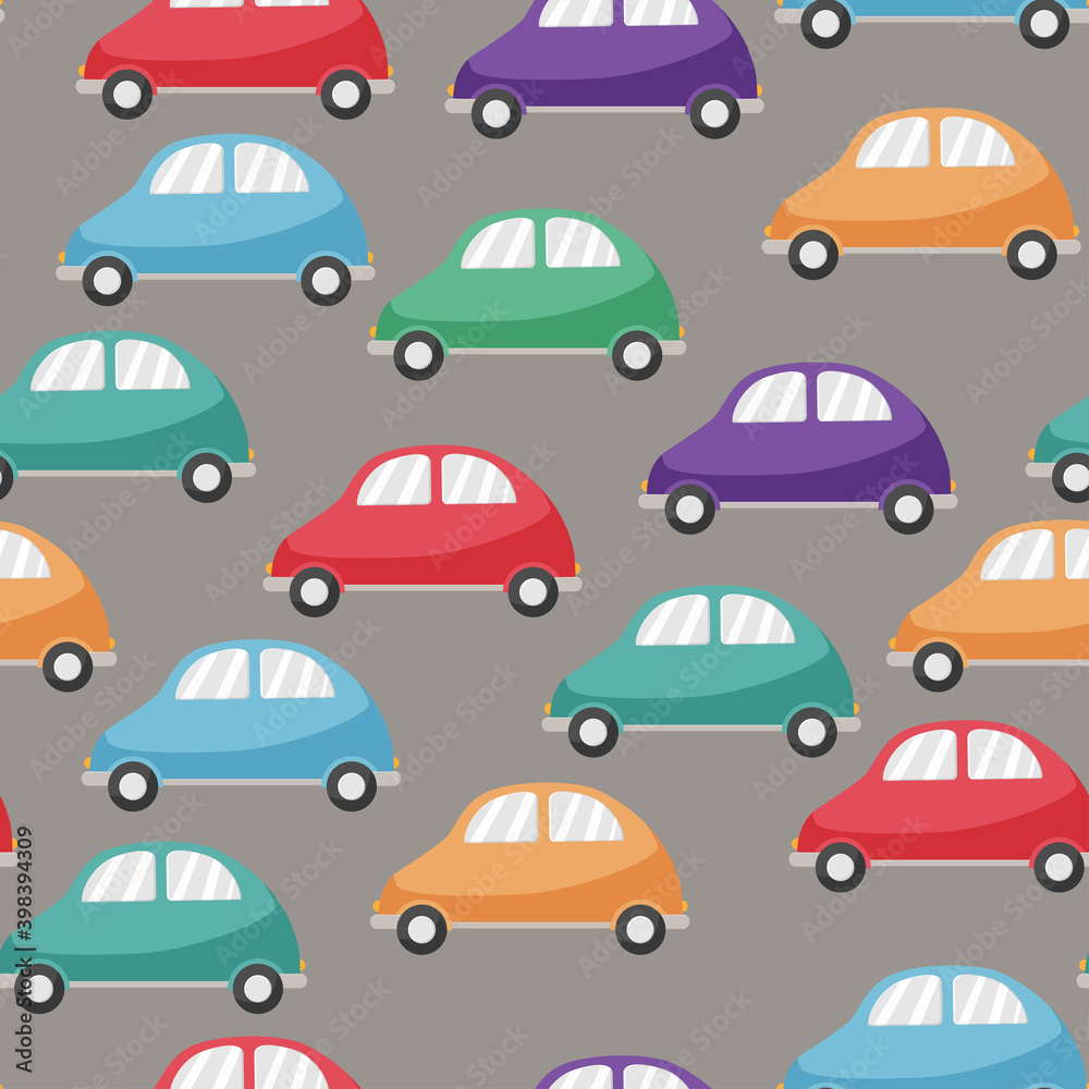 Seamless background with cars. Vector pattern with cars drawn by hand in a children's style on a gray background.