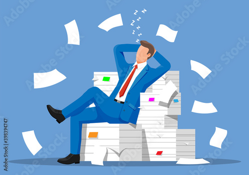 Business man character sleep in bunch of papers. Tired businessman or office worker sleeping on workplace. Stress at work. Bureaucracy, paperwork, deadline. Vector illustration in flat style