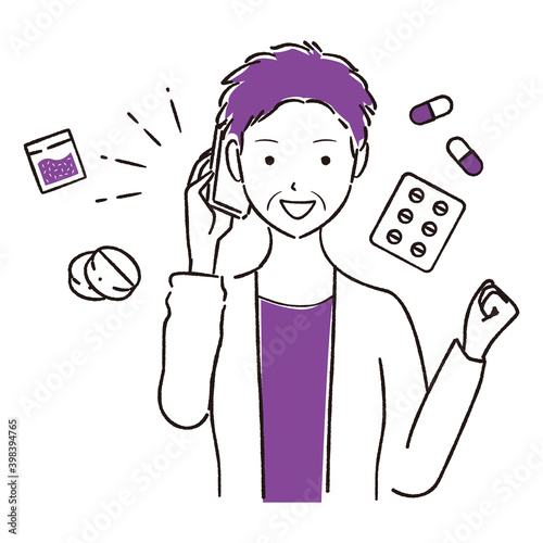 手描き1color 　電話で解決　短髪シニア女性　喜ぶ
