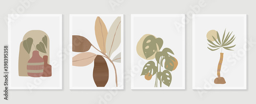 Botanical wall art vector set. Earth tone boho foliage line art drawing with abstract shape. Tropical Plant cover design for print, cover, wallpaper, Minimal and natural wall art.