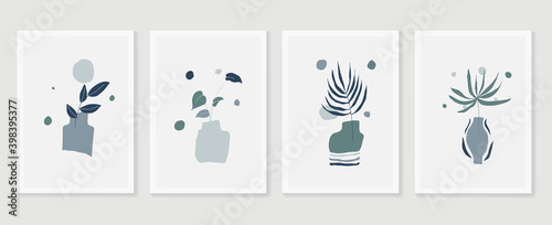 Botanical wall art vector set. Earth tone boho foliage line art drawing with  abstract shape.  Tropical Plant cover design for print, cover, wallpaper, Minimal and  natural wall art.