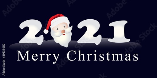 Happy new year 2021 poster on blue background. Application of the head of Santa Claus instead of the number zero.
