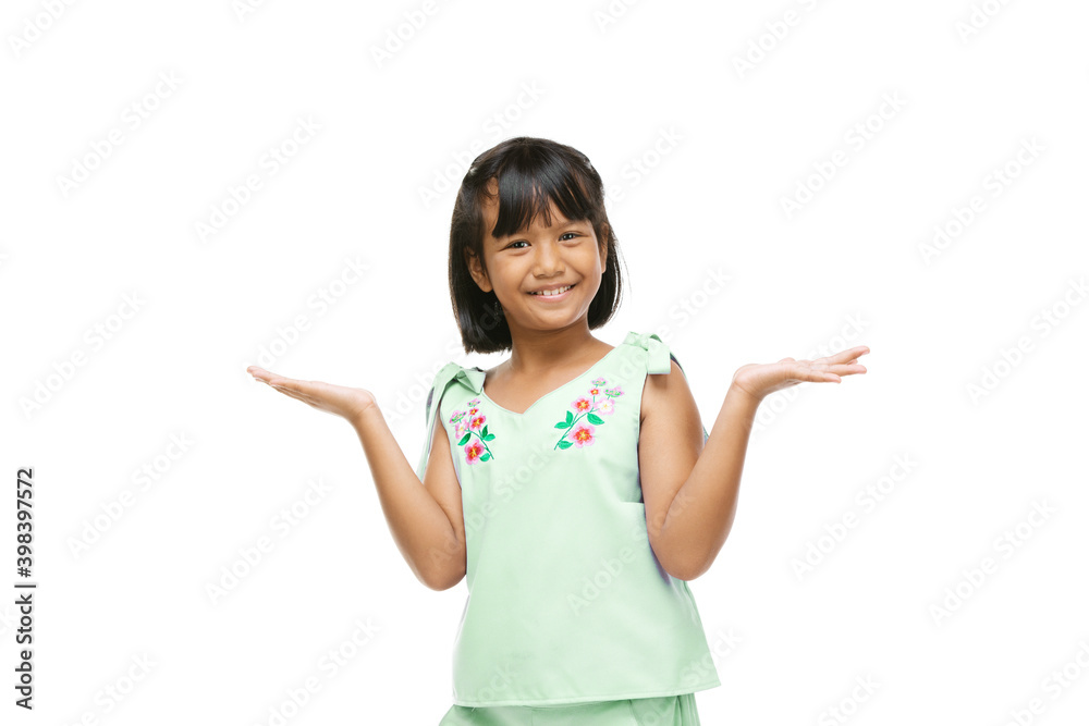 Asian cute girl presenting something on hand over white background Asian cute girl presenting something on hand over white background