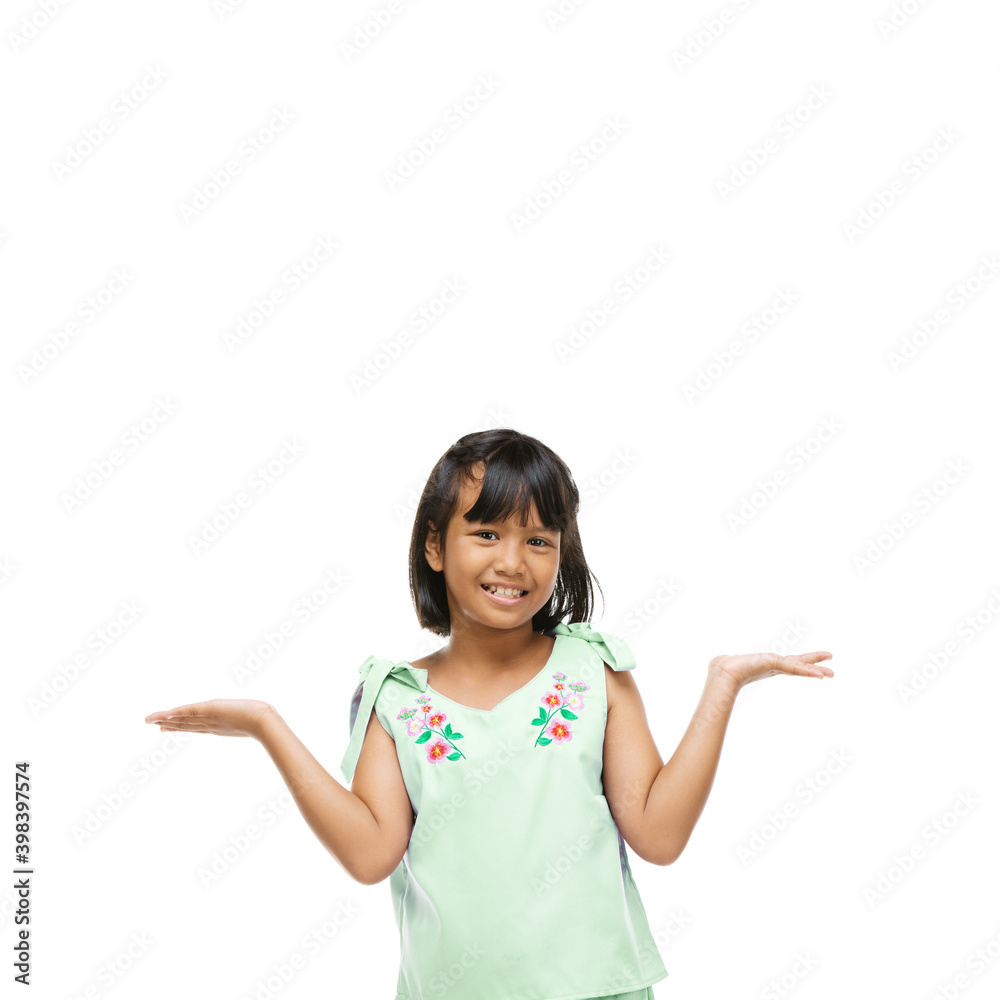 Asian cute girl presenting something on hand over white background Asian cute girl presenting something on hand over white background