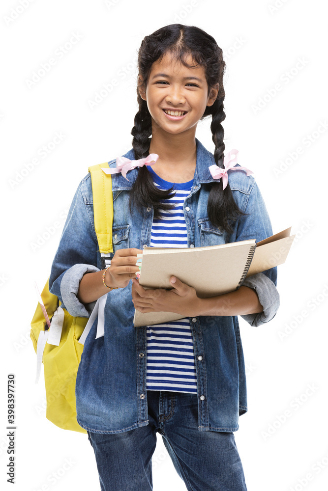 An Asian schoolgirl and her stationery posing on a white background. An Asian schoolgirl and her stationery posing on a white background.