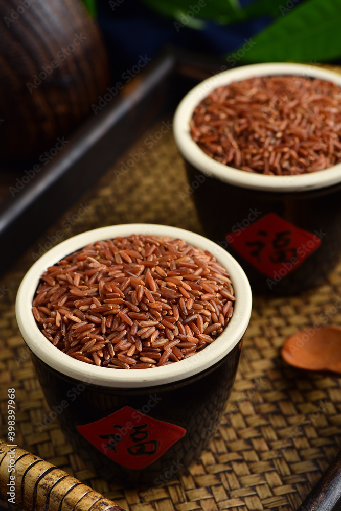 Red Rice on the background of retro Chinese style. The Chinese meaning in the picture is happiness Red Rice on the background of retro Chinese style. The Chinese meaning in the picture is happiness