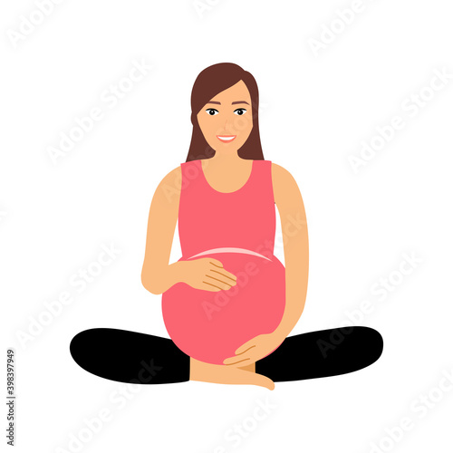 Pregnant woman sitting in asana yoga pose and smiling in flat design. Pregnancy female feel relaxation after meditation.
