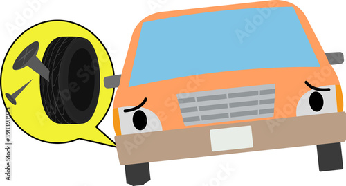 釘が刺さってパンクした車のイラスト
