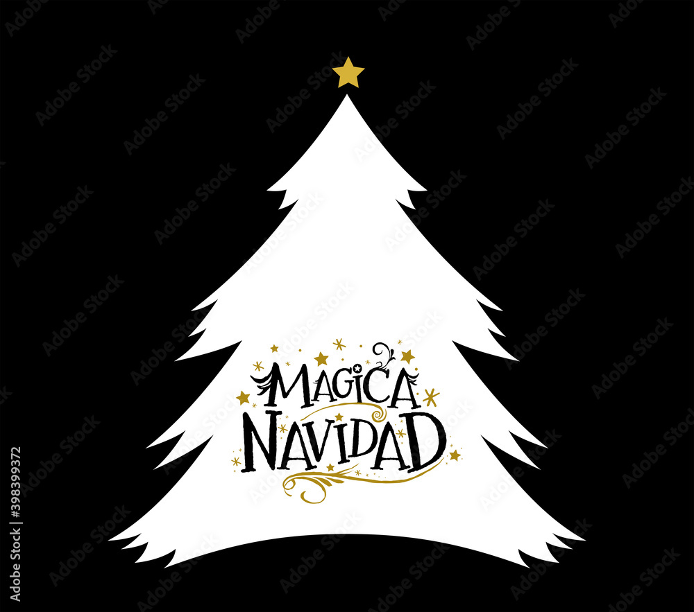 Magica Navidad, Magic Christmas Spanish text, vector christmas tree.