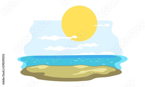 Peaceful and relaxing ocean view, sun over sea, yellow sand and oasis landscape. Vector summer vacation, hot climate, sunbathing on beach design isolated on white background