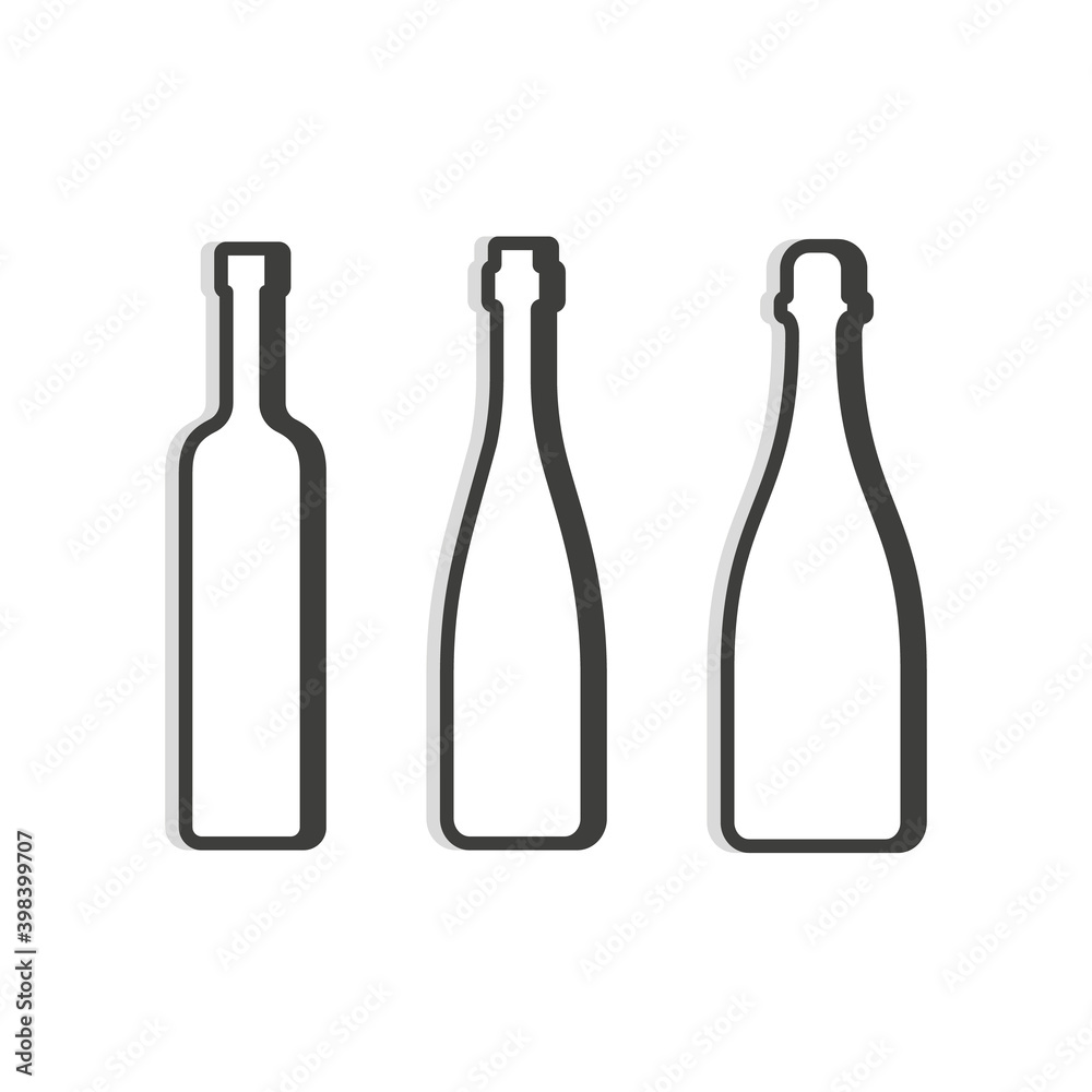 Vodka and red wine champagne bottle. Linear shape. Simple template. Isolated object. Symbol in thin lines for alcoholic institutions, bars, restaurants, pubs. Dark outline. Flat illustration. Vodka and red wine champagne bottle. Linear shape. Simple template. Isolated object. Symbol in thin lines for alcoholic institutions, bars, restaurants, pubs. Dark outline. Flat illustration.