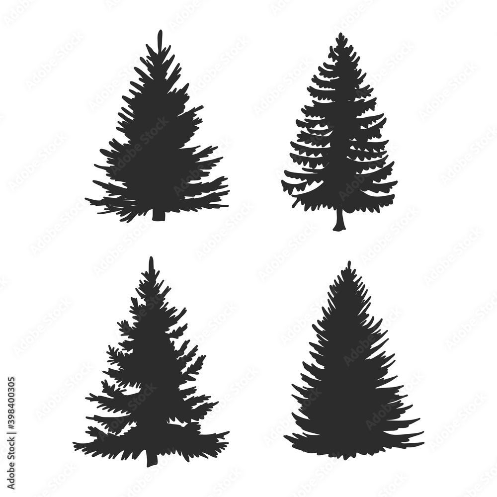 Tree, Christmas fir tree, black silhouette isolated on white background. Vector. spruce, silhouette