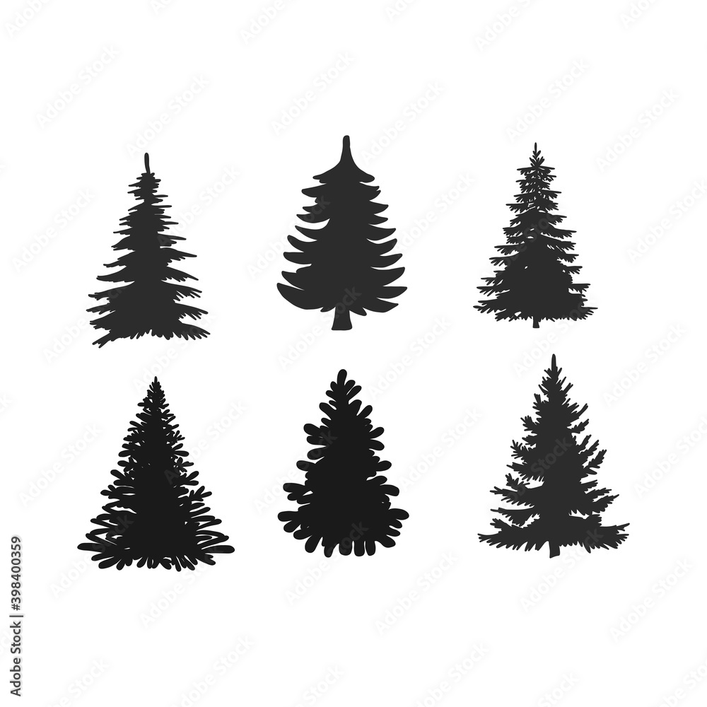 Tree, Christmas fir tree, black silhouette isolated on white background. Vector. spruce, silhouette