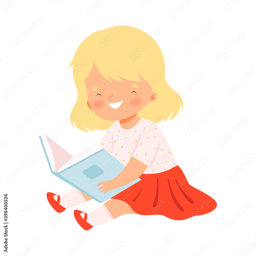 Lovely Blonde Girl Reading Book, Cute Kid Sitting on Floor with Book, Literature Fan, Education and Imagination Concept Cartoon Style Vector Illustration Lovely Blonde Girl Reading Book, Cute Kid Sitting on Floor with Book, Literature Fan, Education and Imagination Concept Cartoon Style Vector Illustration