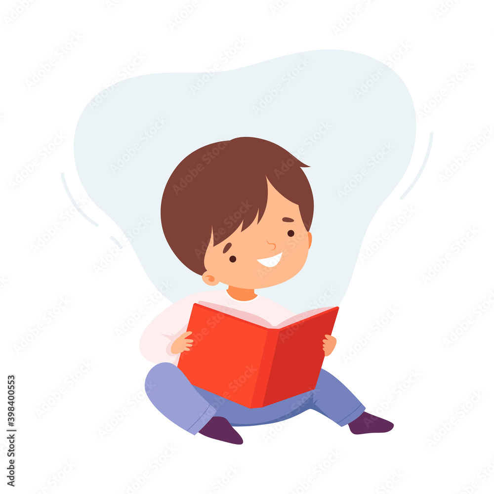 Happy Little Boy Reading Book, Cute Kid Sitting on Floor with Book, Education and Imagination Concept Cartoon Style Vector Illustration