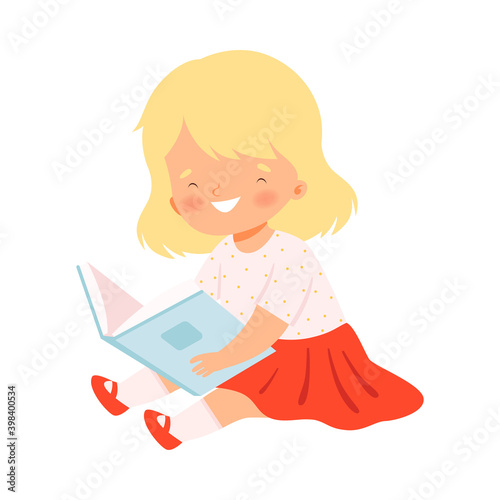 Lovely Blonde Girl Reading Book, Cute Kid Sitting on Floor with Book, Literature Fan, Education and Imagination Concept Cartoon Style Vector Illustration