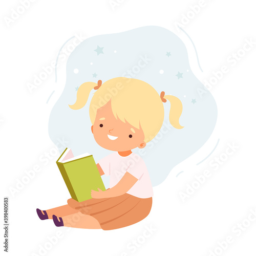 Lovely Blonde Girl Reading Book, Cute Kid Sitting on Floor with Book, Literature Fan, Education and Imagination Concept Cartoon Style Vector Illustration
