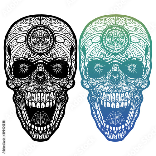 Hand drawn of skull head zentangle arts . vector illustration