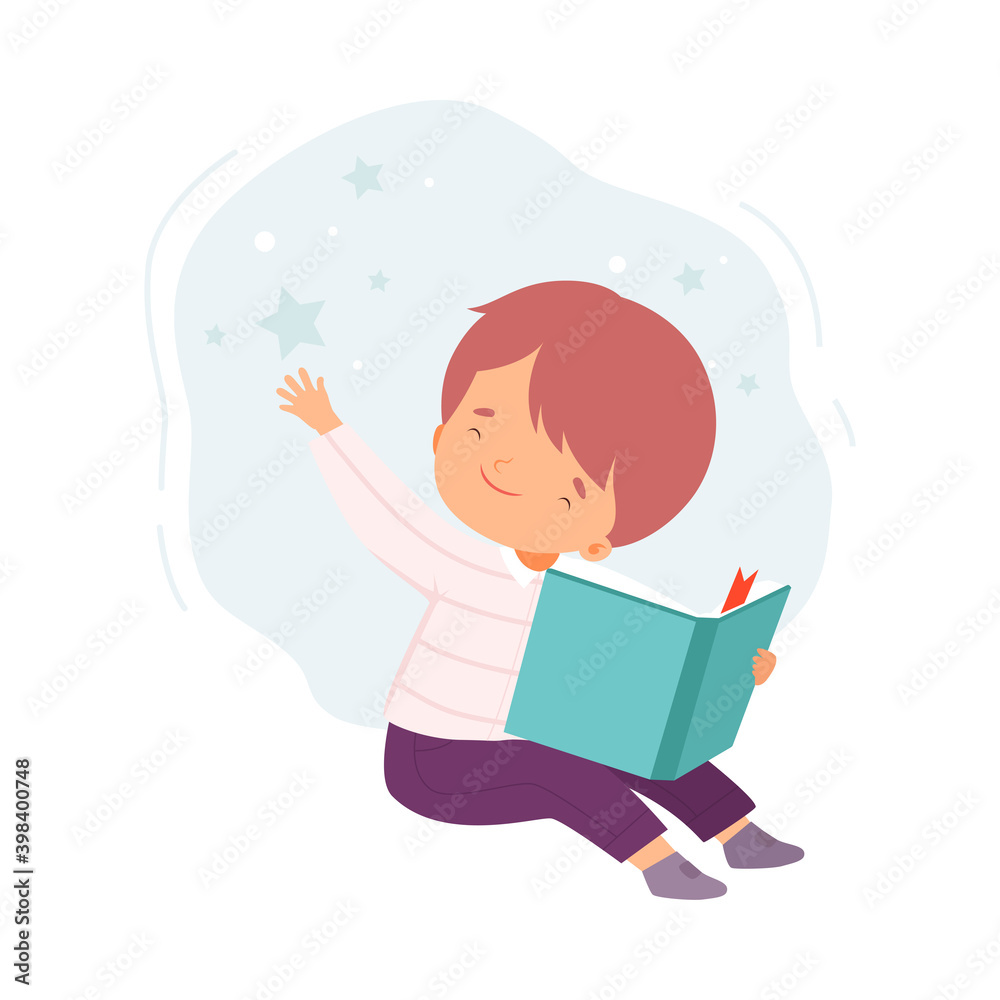 Boy Sitting on Floor and Reading Book, Literature Fan, Education and Imagination Concept Cartoon Style Vector Illustration Boy Sitting on Floor and Reading Book, Literature Fan, Education and Imagination Concept Cartoon Style Vector Illustration