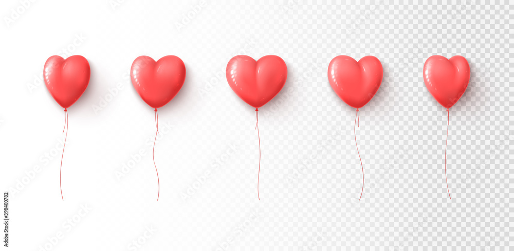 Set of pink balloons isolated on checkered background. Vector illustration with realistic heart shaped balloons. Holiday symbols for Valentine's Day decorative design. Valentine's Day symbols.