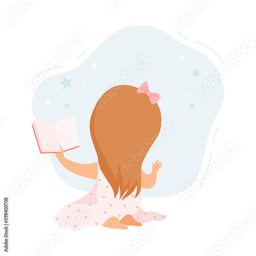 Back View of Little Girl Reading Book, Cute Kid Sitting on Floor with Book, Literature Fan, Education and Imagination Concept Cartoon Style Vector Illustration
